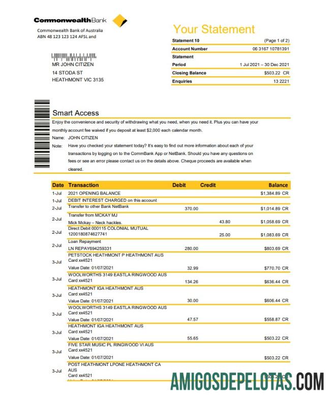 Modelo realista de extrato bancário da Commonwealth da Austrália em formato Excel e PDF, totalmente editável